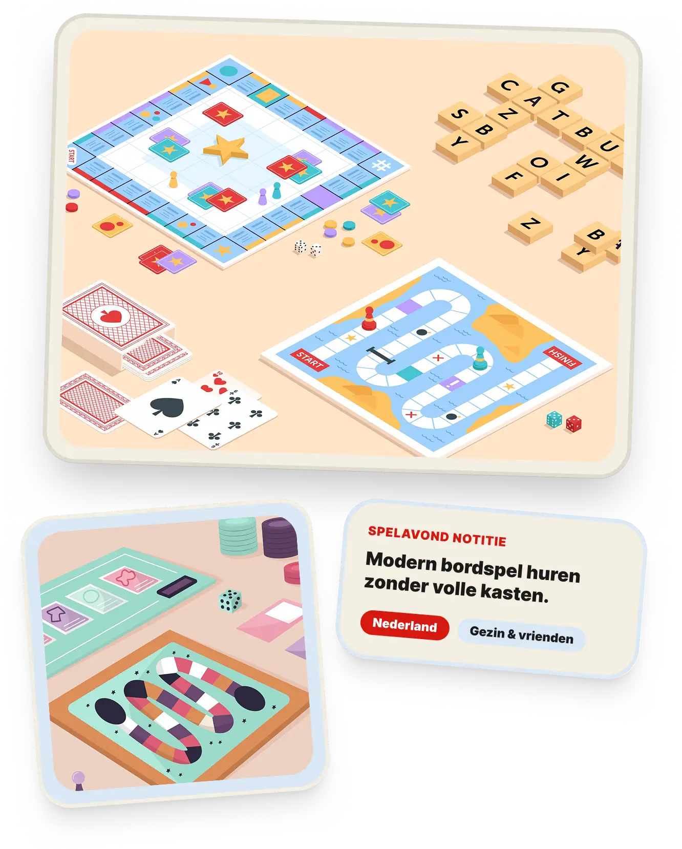 Isometrische illustratie van een bordspelavond met speelborden, kaarten, lettertegels, dobbelstenen en spelstukken.